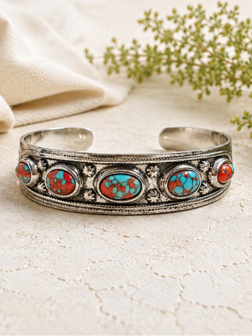 NWT Boho Southwestern Turquoise Coral Stainless Steel Cuff Bracelet - Picture 2 of 7